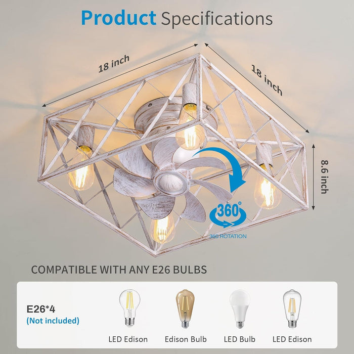 Low Profile Ceiling Fan with Lights, Flush Mount Square Caged Chandelier Fan with Remote Control, White Caged Enclosed Ceiling Fandelier for Bedroom-3-ErisView