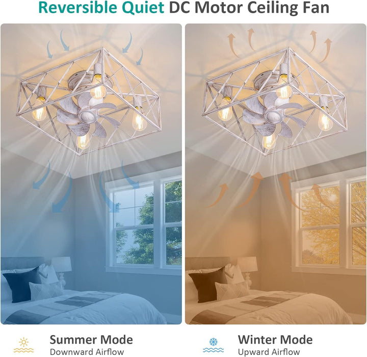 Low Profile Ceiling Fan with Lights, Flush Mount Square Caged Chandelier Fan with Remote Control, White Caged Enclosed Ceiling Fandelier for Bedroom-7-ErisView