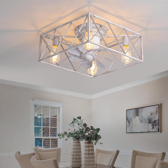 Low Profile Ceiling Fan with Lights, Flush Mount Square Caged Chandelier Fan with Remote Control, White Caged Enclosed Ceiling Fandelier for Bedroom-1-ErisView