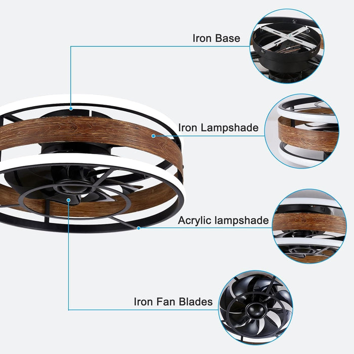 Low Profile Recessed Ceiling Fan with Light, Modern Ceiling Fan with Remote Control, Small 2 Circle LED Light Bladeless Black Ceiling Fan-6-ErisView