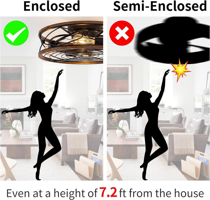 Matte Black Caged Bladeless Ceiling Fan with Light and Remote, Low Profile Modern Enclosed Ceiling Fan Winter Summer-4-ErisView