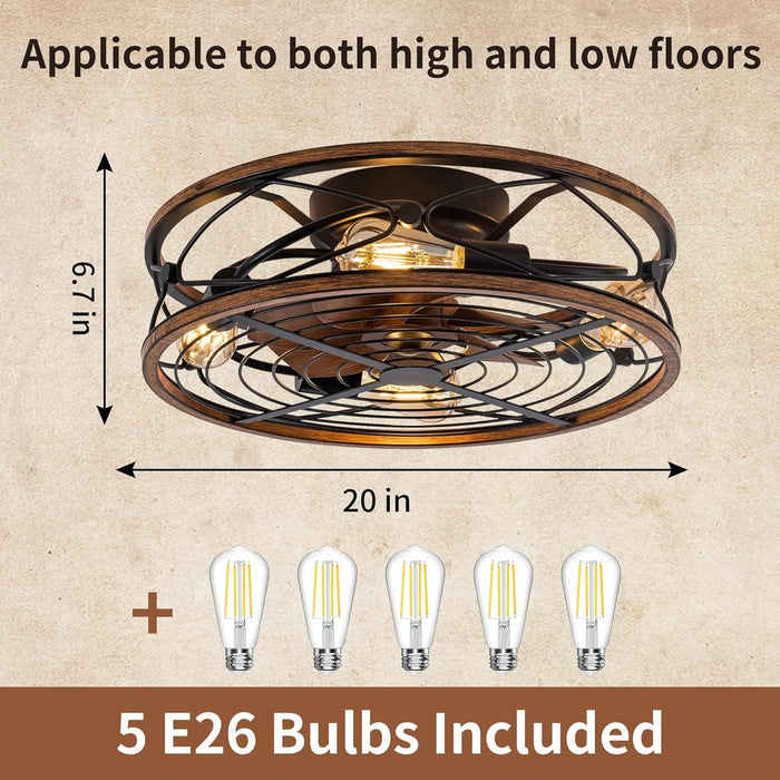 Matte Black Caged Bladeless Ceiling Fan with Light and Remote, Low Profile Modern Enclosed Ceiling Fan Winter Summer-5-ErisView