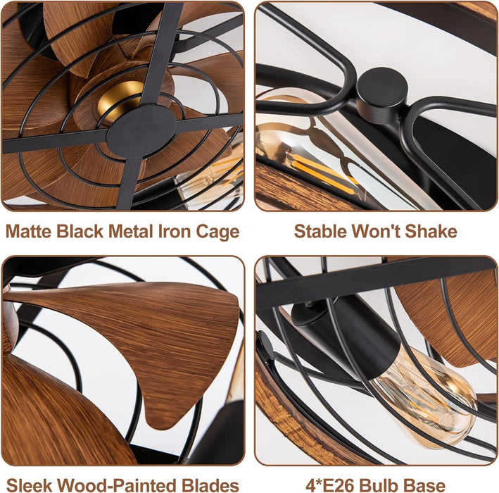 Matte Black Caged Bladeless Ceiling Fan with Light and Remote, Low Profile Modern Enclosed Ceiling Fan Winter Summer-6-ErisView