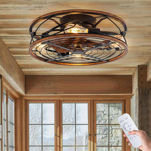 Matte Black Caged Bladeless Ceiling Fan with Light and Remote, Low Profile Modern Enclosed Ceiling Fan Winter Summer-1-ErisView