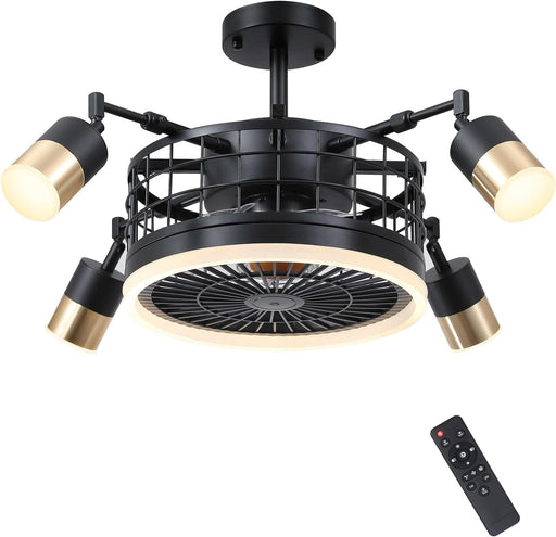 Modern Caged Ceiling Fan with Lights, Indoor Ceiling Fans with Remote, Ceiling Fans Flush Mount Low Profile, Farmhouse Ceiling Fan Light Fixture-1-ErisView