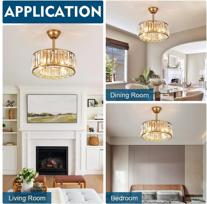 Modern Chandelier Ceiling Fan with Light and Remote, Small Gold Crystal Reversible Ceiling Fan Winter Summer for Bedroom Living Room-3-ErisView