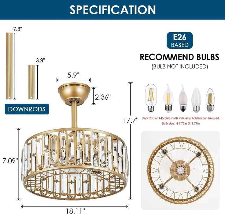Modern Chandelier Ceiling Fan with Light and Remote, Small Gold Crystal Reversible Ceiling Fan Winter Summer for Bedroom Living Room-6-ErisView