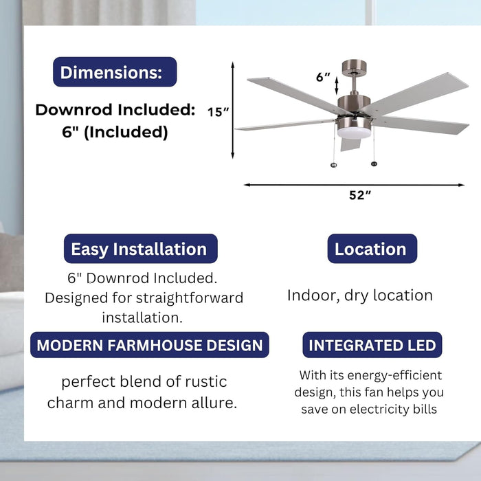 Modern Cylinder Fan with Silver Walnut Reversible Blades, 5 Blade Ceiling Fan, Brushed Nickel Ceiling Fan-4-ErisView