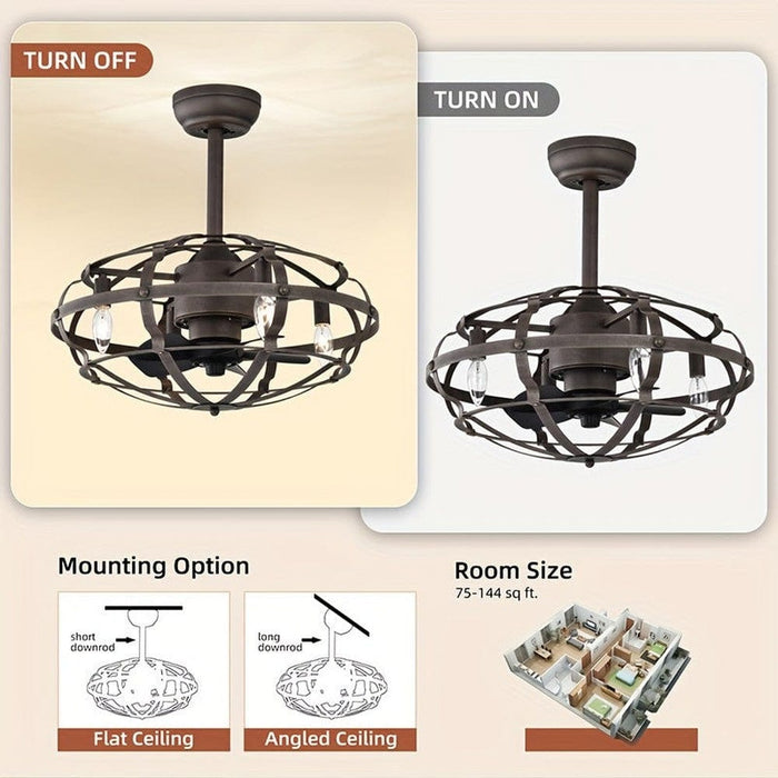 Modern Enclosed Ceiling Fan with Caged, Industrial Indoor Ceiling Fan with Light Kit Remote Control-ErisView
