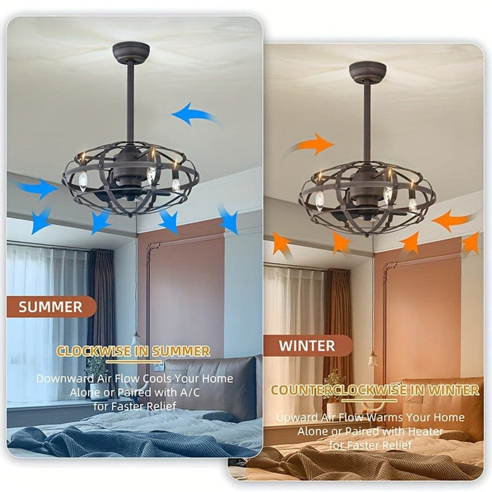 Modern Enclosed Ceiling Fan with Caged, Industrial Indoor Ceiling Fan with Light Kit Remote Control-ErisView