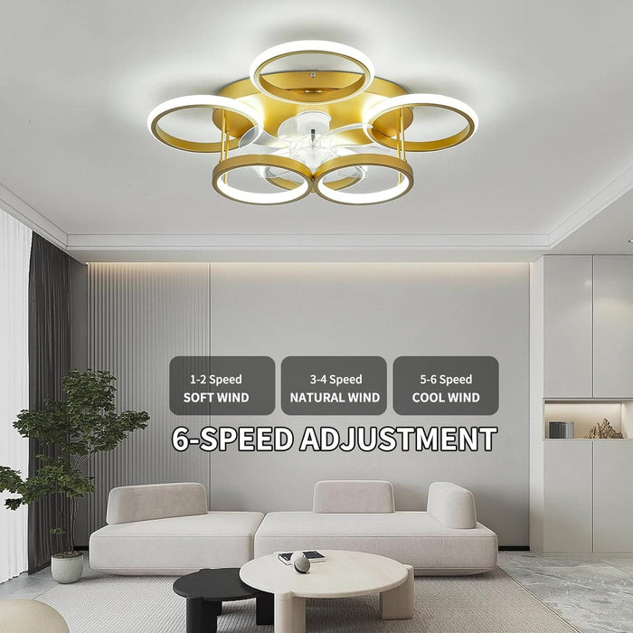 Modern Gold Low Profile Ceiling Fan with Light, Smart Flush Mount Chandelier Fan Light-2-ErisView