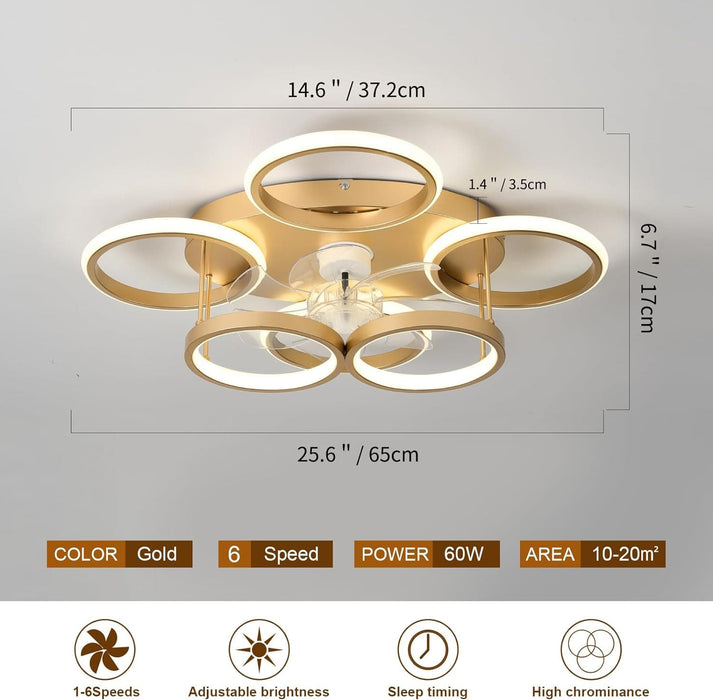 Modern Gold Low Profile Ceiling Fan with Light, Smart Flush Mount Chandelier Fan Light-5-ErisView