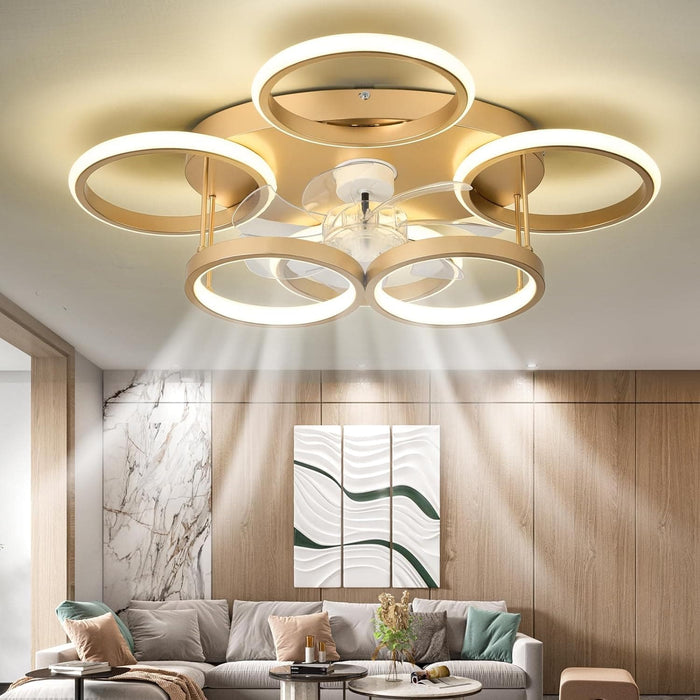 Modern Gold Low Profile Ceiling Fan with Light, Smart Flush Mount Chandelier Fan Light-1-ErisView