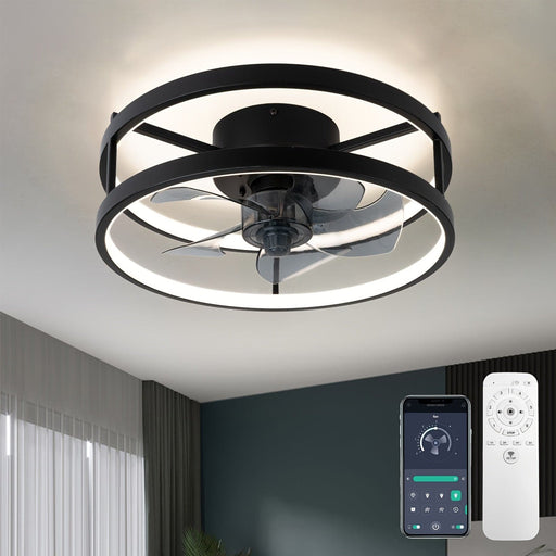 Modern Low Profile Ceiling Fan with Lights and Remote, Dimmable Bladeless Ceiling Fan for Bedroom Living Room Kitchen-Black-12.2 in.-ErisView