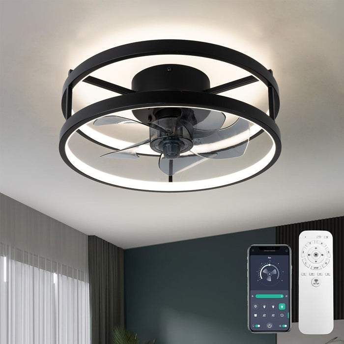 Modern Low Profile Ceiling Fan with Lights and Remote, Dimmable Bladeless Ceiling Fan for Bedroom Living Room Kitchen-Black-12.2 in.-ErisView