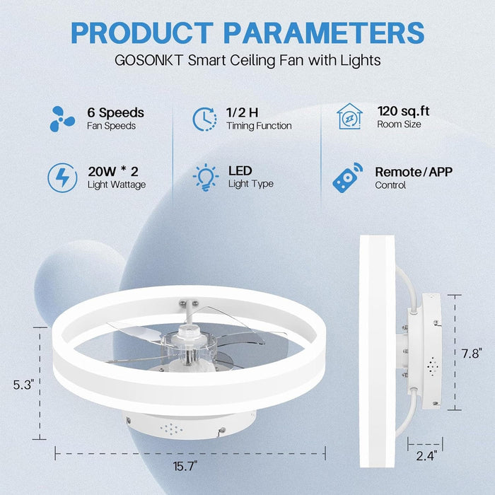 Modern Small Low Profile Ceiling Fan with Light, Semi Flush Mount Enclosed Ceiling Fan with APP Remote Control, Black Bedroom Ceiling Fans, Living Room Fan-10-ErisView