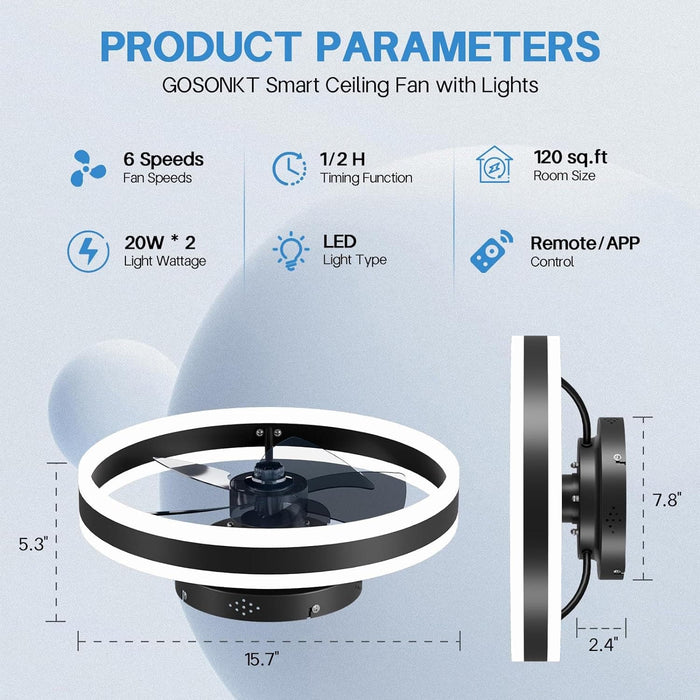 Modern Small Low Profile Ceiling Fan with Light, Semi Flush Mount Enclosed Ceiling Fan with APP Remote Control, Black Bedroom Ceiling Fans, Living Room Fan-2-ErisView