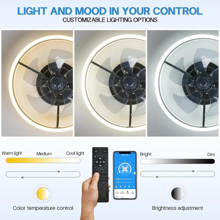 Modern Small Low Profile Ceiling Fan with Light, Semi Flush Mount Enclosed Ceiling Fan with APP Remote Control, Black Bedroom Ceiling Fans, Living Room Fan-3-ErisView