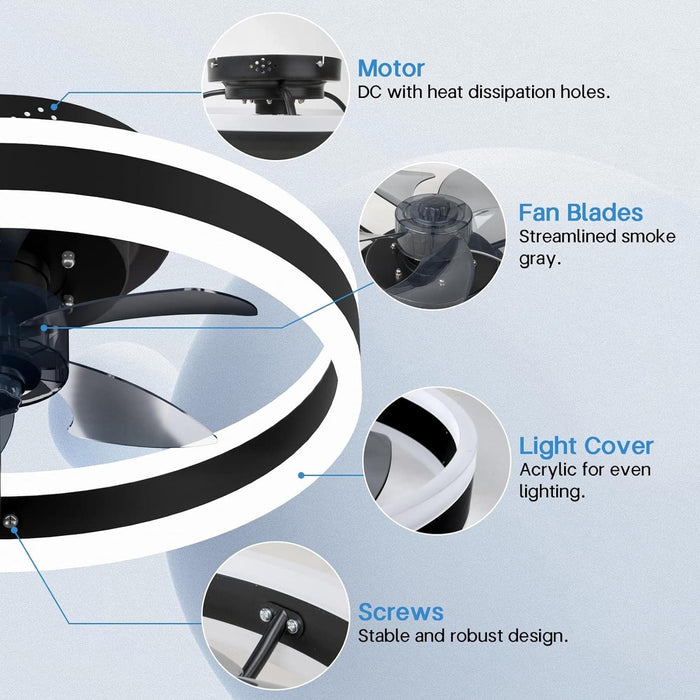 Modern Small Low Profile Ceiling Fan with Light, Semi Flush Mount Enclosed Ceiling Fan with APP Remote Control, Black Bedroom Ceiling Fans, Living Room Fan-4-ErisView