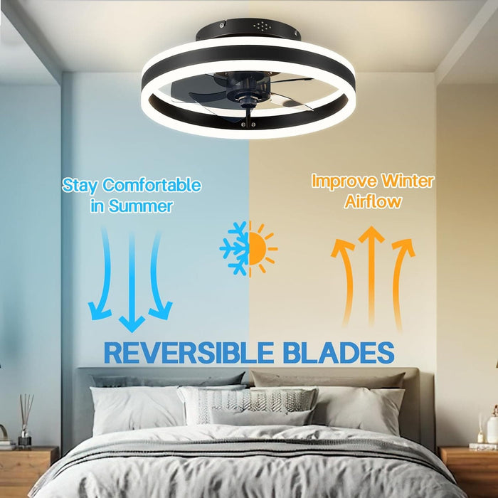Modern Small Low Profile Ceiling Fan with Light, Semi Flush Mount Enclosed Ceiling Fan with APP Remote Control, Black Bedroom Ceiling Fans, Living Room Fan-5-ErisView