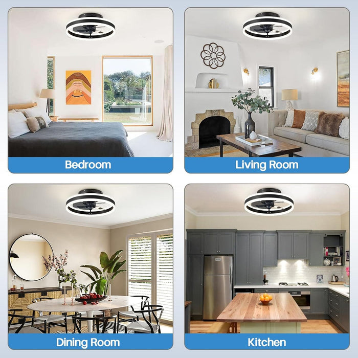 Modern Small Low Profile Ceiling Fan with Light, Semi Flush Mount Enclosed Ceiling Fan with APP Remote Control, Black Bedroom Ceiling Fans, Living Room Fan-8-ErisView