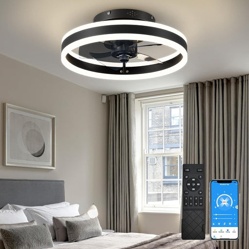 Modern Small Low Profile Ceiling Fan with Light, Semi Flush Mount Enclosed Ceiling Fan with APP Remote Control, Black Bedroom Ceiling Fans, Living Room Fan-1-ErisView