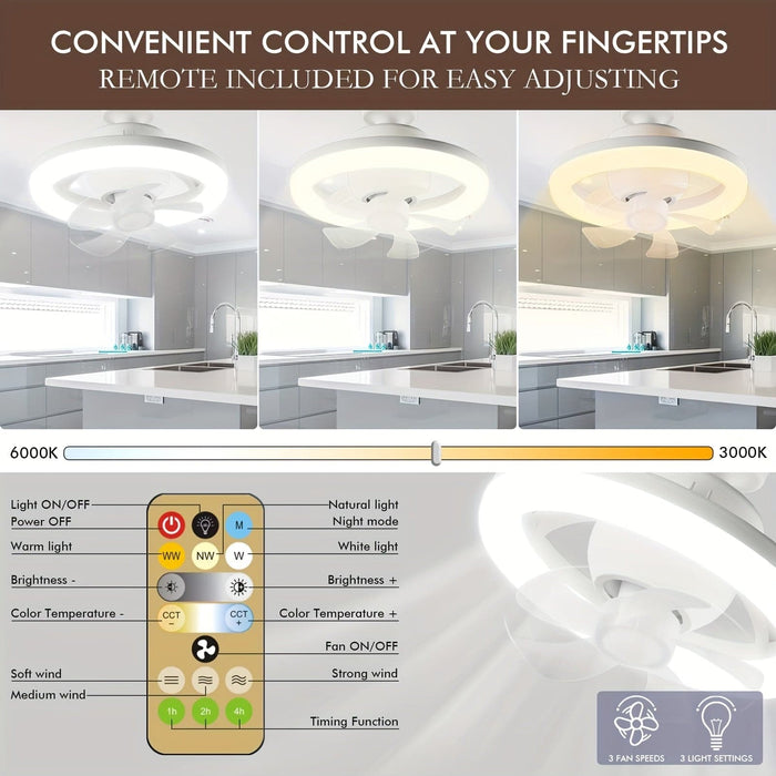 Modern White Ceiling Fan with Remote and LED Light, Round Ceiling Fan for Kitchen Dining Room Bedroom-ErisView