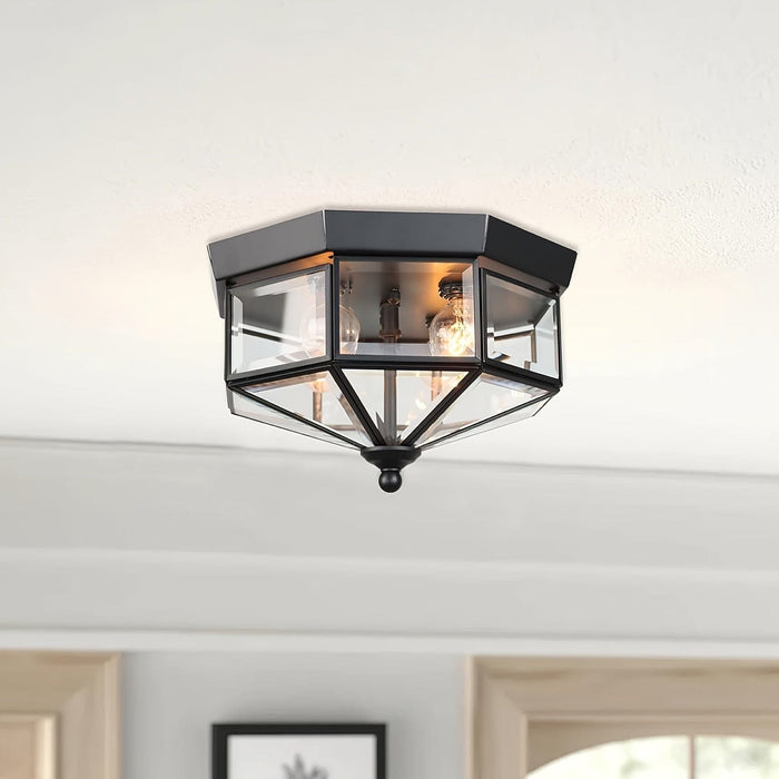 Octagon-Shaped 4-Light Flush Mount Ceiling Light with Clear Glass Shade, Farmhouse Ceiling Light for Kitchen Bedroom Foyer Stairway Hall Closet Porch-Black-ErisView