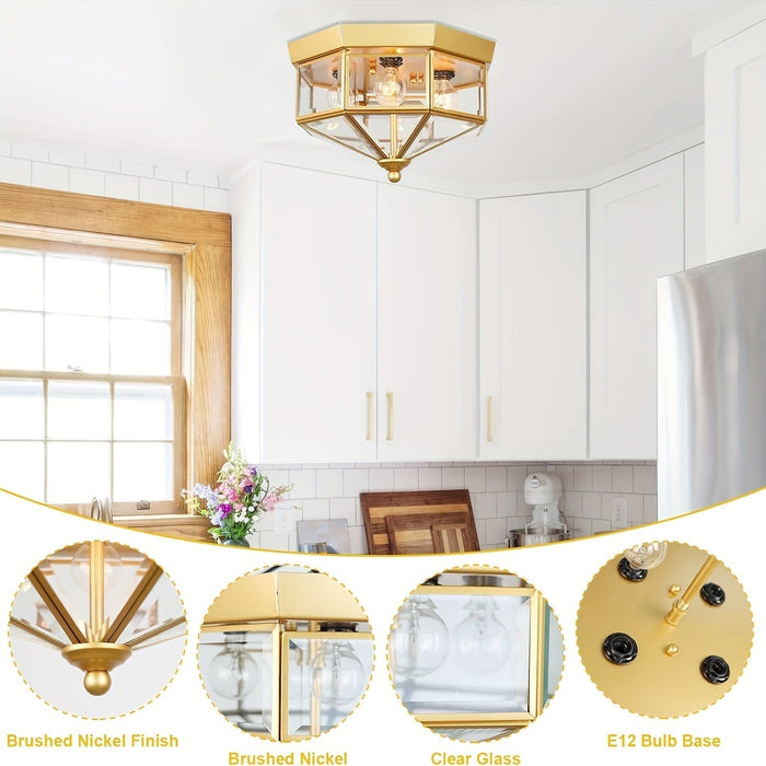 Octagon-Shaped 4-Light Flush Mount Ceiling Light with Clear Glass Shade, Farmhouse Ceiling Light for Kitchen Bedroom Foyer Stairway Hall Closet Porch-ErisView