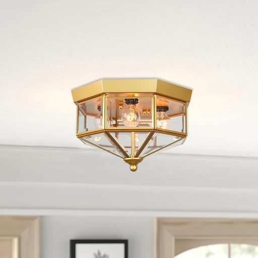 Octagon-Shaped 4-Light Flush Mount Ceiling Light with Clear Glass Shade, Farmhouse Ceiling Light for Kitchen Bedroom Foyer Stairway Hall Closet Porch-Gold-ErisView