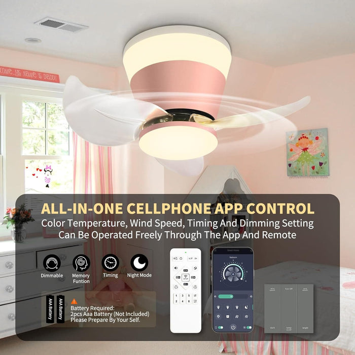Pink Ceiling Fan with Lights and Remote APP Control, Modern Dimmable Noiseless Flush Mount Ceiling Fan for Kitchen Bedroom, Living Room Fan-2-ErisView