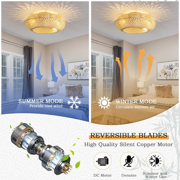 Rattan Caged Ceiling Fan with Lights Remote, Boho Bamboo Flush Mount Ceiling Fan, Fast Ceiling Fan Summer Winter for Bedroom Living Room Kitchen-3-ErisView