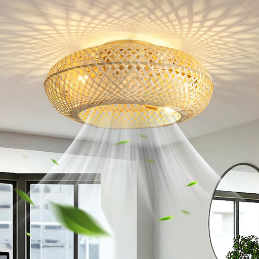Rattan Caged Ceiling Fan with Lights Remote, Boho Bamboo Flush Mount Ceiling Fan, Fast Ceiling Fan Summer Winter for Bedroom Living Room Kitchen-1-ErisView