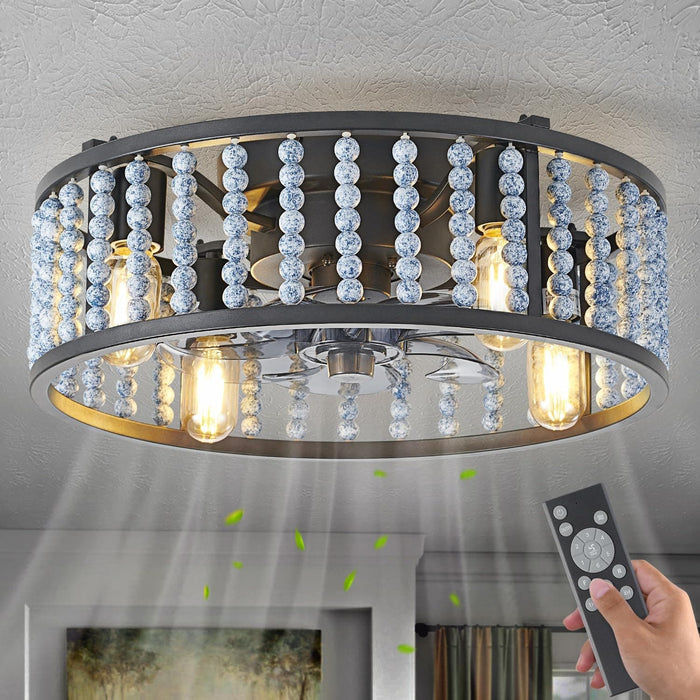 Remote Control Ceiling Fan with Light, Farmhouse Wood Beaded Chandelier, Semi-Flush Mount Ceiling Fan for Bedroom Kitchen Nursery Room-7-ErisView