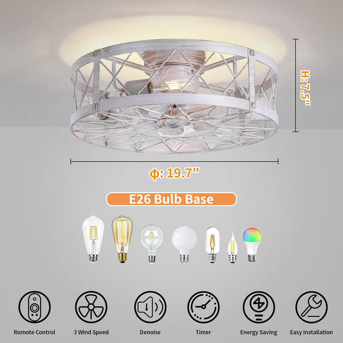 Retro Caged Ceiling Fan, Small White Ceiling Fan with Light Remote Control, Low Ceiling Fan and Light, Flush Mount, Ceiling Fans with Lights-2-ErisView