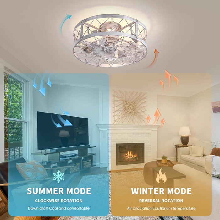 Retro Caged Ceiling Fan, Small White Ceiling Fan with Light Remote Control, Low Ceiling Fan and Light, Flush Mount, Ceiling Fans with Lights-3-ErisView
