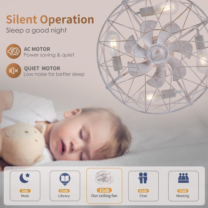 Retro Caged Ceiling Fan, Small White Ceiling Fan with Light Remote Control, Low Ceiling Fan and Light, Flush Mount, Ceiling Fans with Lights-4-ErisView