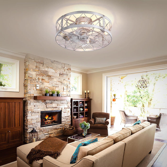Retro Caged Ceiling Fan, Small White Ceiling Fan with Light Remote Control, Low Ceiling Fan and Light, Flush Mount, Ceiling Fans with Lights-7-ErisView