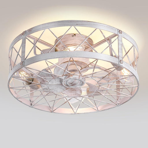 Retro Caged Ceiling Fan, Small White Ceiling Fan with Light Remote Control, Low Ceiling Fan and Light, Flush Mount, Ceiling Fans with Lights-1-ErisView