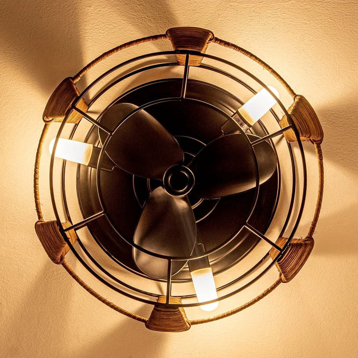 Round Flush Mount Ceiling Fan with Iron Cage, Farmhouse Ceiling Fan with Light Remote Control Reversible Blades-ErisView