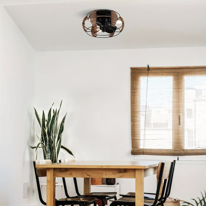 Round Flush Mount Ceiling Fan with Iron Cage, Farmhouse Ceiling Fan with Light Remote Control Reversible Blades-ErisView