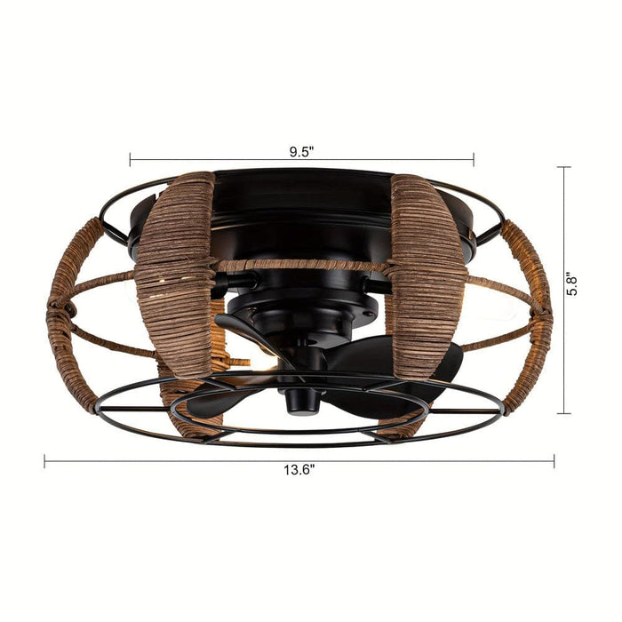 Round Flush Mount Ceiling Fan with Iron Cage, Farmhouse Ceiling Fan with Light Remote Control Reversible Blades-ErisView