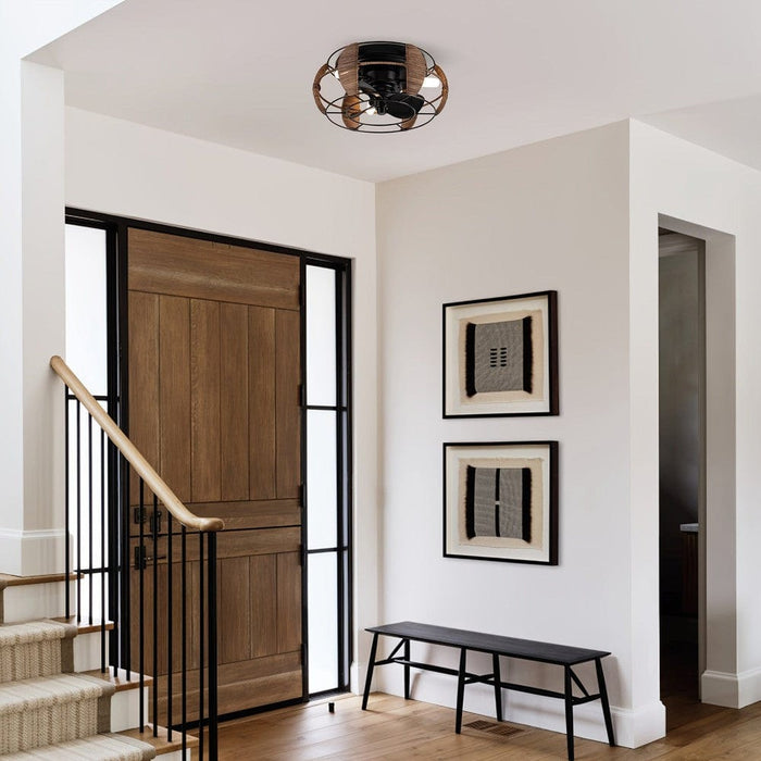 Round Flush Mount Ceiling Fan with Iron Cage, Farmhouse Ceiling Fan with Light Remote Control Reversible Blades-ErisView