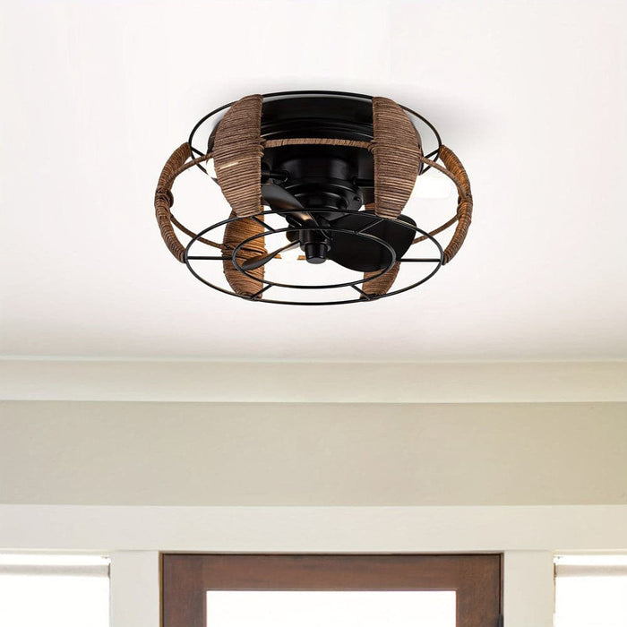 Round Flush Mount Ceiling Fan with Iron Cage, Farmhouse Ceiling Fan with Light Remote Control Reversible Blades-ErisView