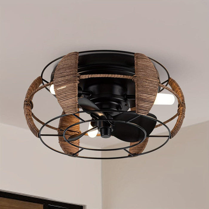 Round Flush Mount Ceiling Fan with Iron Cage, Farmhouse Ceiling Fan with Light Remote Control Reversible Blades-ErisView