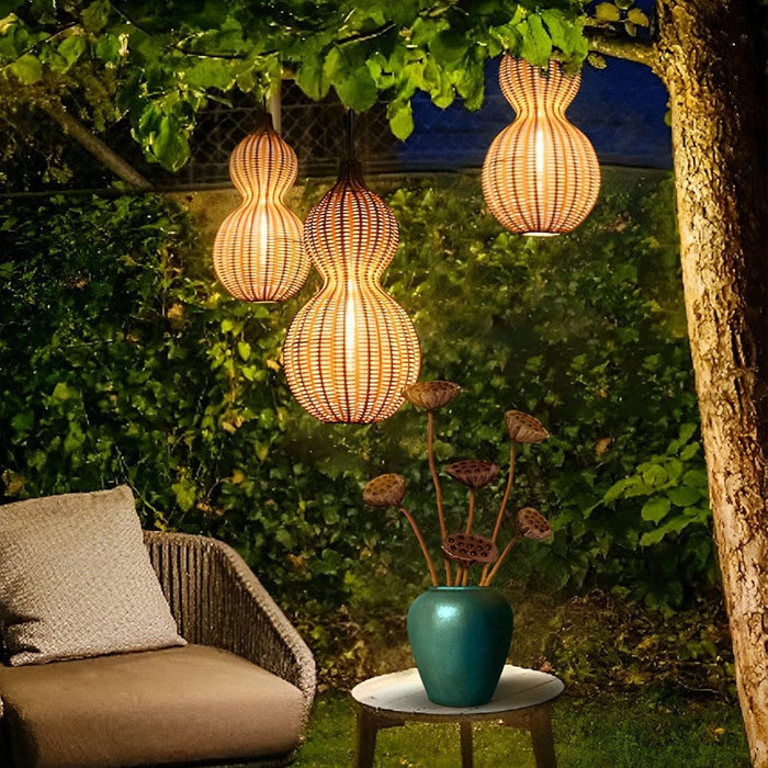 Rustic Gourd Shaped Outdoor Hanging Lights, Waterproof IP65 Rubber Rattan & Stainless Steel Chandelier for Garden, Courtyard, Villa Decor-ErisView-16