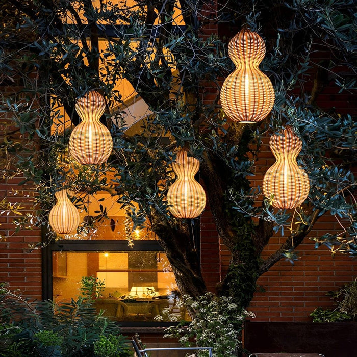 Rustic Gourd Shaped Outdoor Hanging Lights, Waterproof IP65 Rubber Rattan & Stainless Steel Chandelier for Garden, Courtyard, Villa Decor-ErisView-14
