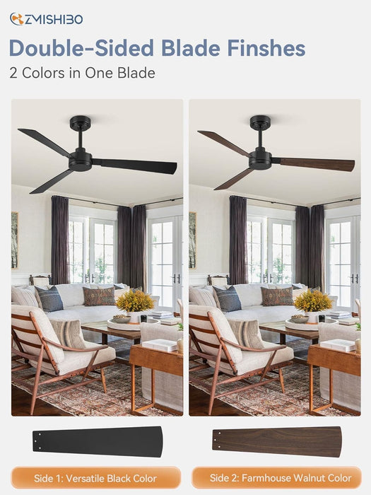 Set of 2 52 in. Ceiling Fan NO Light, Black Indoor Outdoor Ceiling Fan with Remote, 3 Blades Modern Ceiling Fan for Patio Living Room Bedroom-2-ErisView