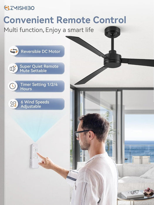 Set of 2 52 in. Ceiling Fan NO Light, Black Indoor Outdoor Ceiling Fan with Remote, 3 Blades Modern Ceiling Fan for Patio Living Room Bedroom-3-ErisView
