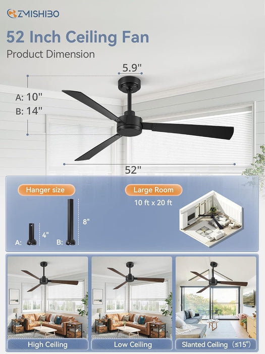 Set of 2 52 in. Ceiling Fan NO Light, Black Indoor Outdoor Ceiling Fan with Remote, 3 Blades Modern Ceiling Fan for Patio Living Room Bedroom-6-ErisView